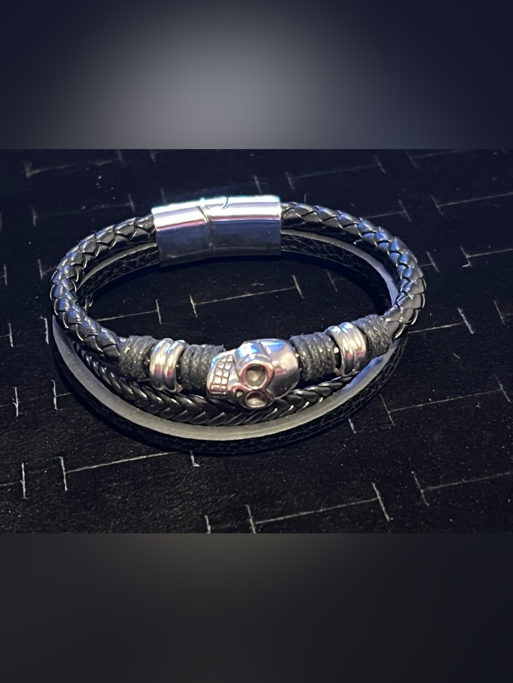 Men’s skull charm black braided leather bracelet adjustable